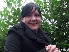 chubby british milf rubs pussy flashing on bus in public spots