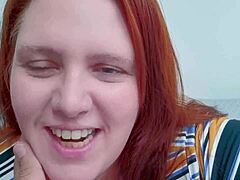 chubby redhead milf hotwife sucks eagerly then squirts hard on shaved pussy