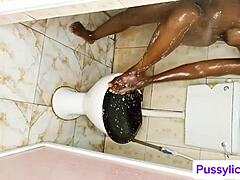 Chubby black wife licks juicy pussy on desk with horny fat ass up