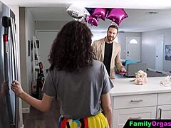 stepdaughter drops to her knees and deepthroats stepdad's cock hungrily