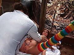 Sexy Latina pal gets creamy toy fill in her tight spot outdoors