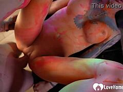 nerdy tattooed babe's body paint session turns into hardcore missionary pounding