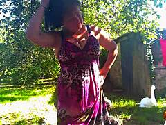 sexy brunette klaudiaambergirl masturbates natural tits outdoor in stockings