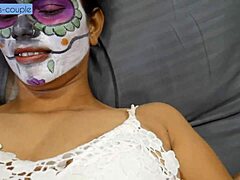 Horny Indian housewife moans riding husband's cock begging for rough orgasm lick