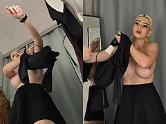 girl rips through hot outfits seducing in changing room mirror