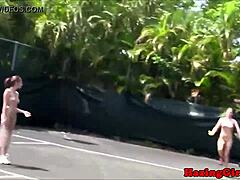 sorority hazing hides wild pussy eating on tennis court