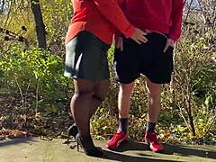 My fat milf mother-in-law grips my cock tight outside while I pee in public toilet fetish