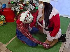 stepsisters squirt wild with spiderman at xmas! 🎄💦👅