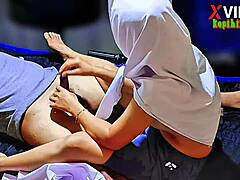 Indonesian girlfriend massages friend's cock late on rent then handjobs to cumshot fingering her wet pussy