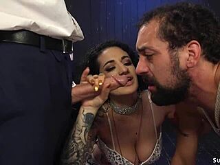 busty femdom takes control, fucking bisexual dudes in a wild strapon threesome.