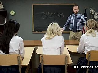 Classroom foursome features lucky teacher banging teen coeds hard.