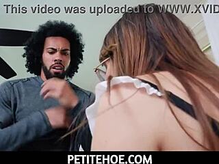 Petite teen maid Honey Hayes gives HANDJOB and BLOWJOB to client James Angel.