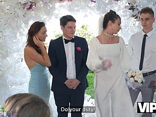 Hey, check this out – the bride gets fucked hard in stockings at her wedding! 😈 Guests watch as she takes anal creampie outdoors.